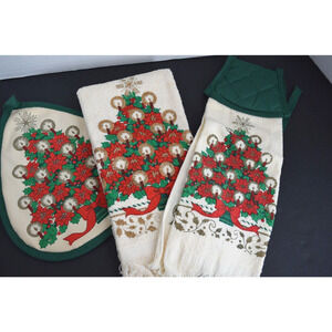 Cecil Saydah 3pc Christmas Kitchen Towel Set‎ Poinsettia Tree Hot Pad Tie Vtg
